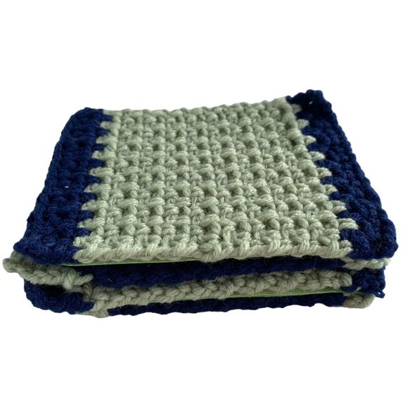 Mug Rugs Coasters Handmade Crochet Navy Blue Green Vinyl Back Set of 4 - Picture 3 of 11